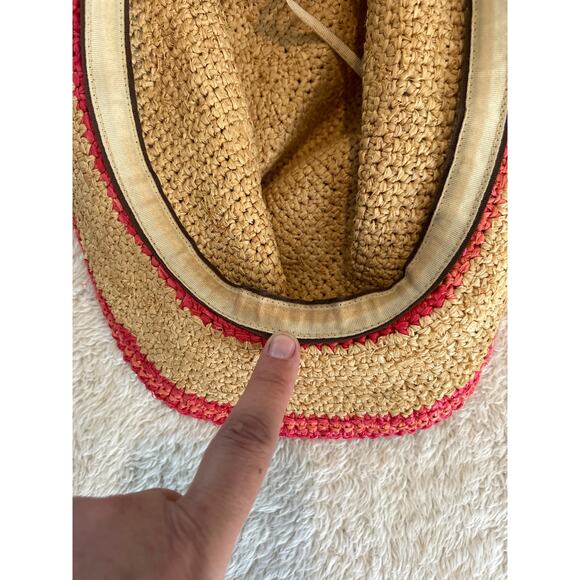 Tommy Bahama Paper Fedora Hat Tan Pink Raffia Straw Beach - Picture 7 of 10
